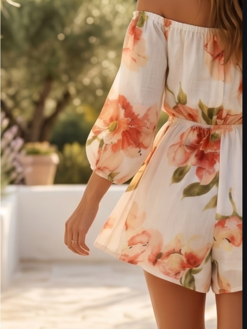 Elegant , White Floral light weight,
Orange Romper with Peach , Olive accents.